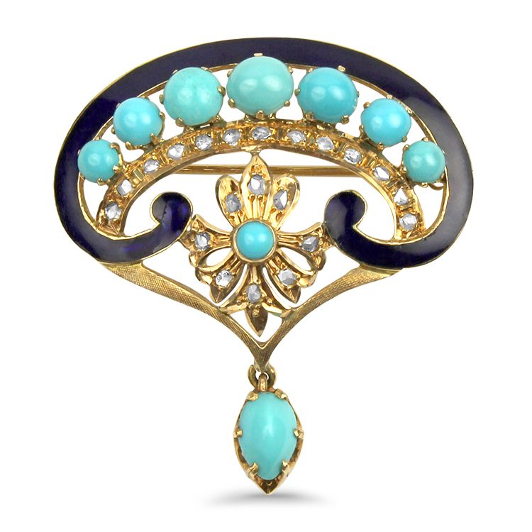 PAGE Estate Pins & Brooches Estate 14K Yellow Gold Enameled Turquoise & Diamond Brooch