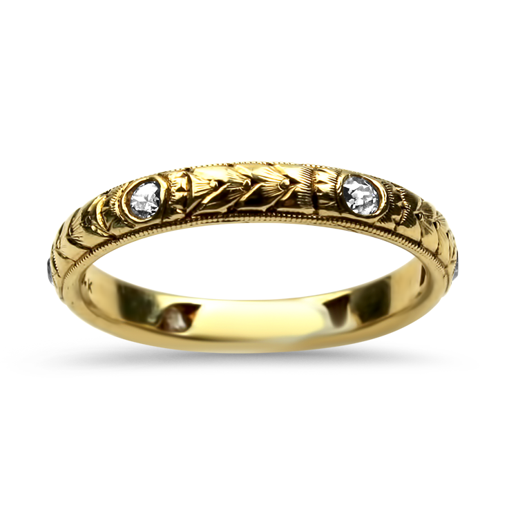 PAGE Estate Wedding Band Estate 14K Yellow Gold Engraved Diamond Band 10