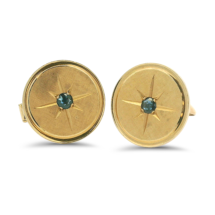 PAGE Estate Men's Jewelry Estate 14k Yellow Gold Florentine Disc Cufflinks with Star-Set Sapphires