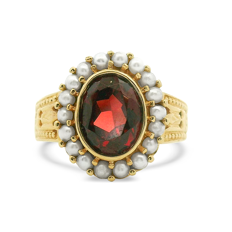 PAGE Estate Ring Estate 14k Yellow Gold Garnet and Seed Pearl Ring 5.5