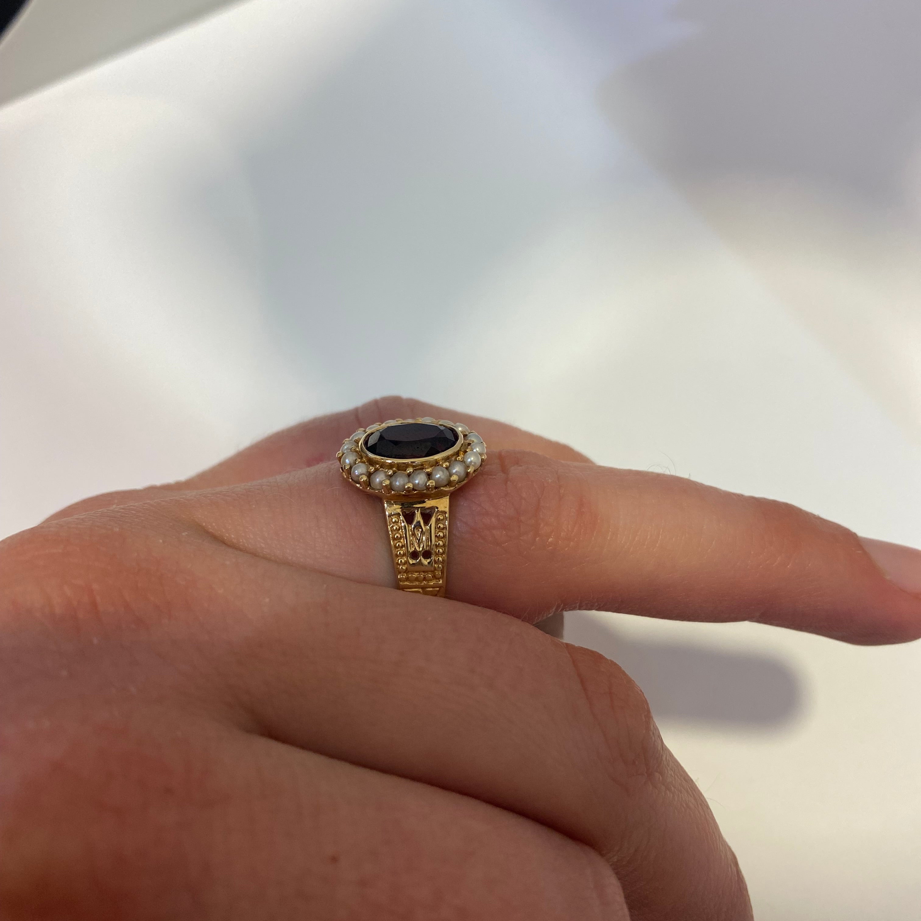 PAGE Estate Ring Estate 14k Yellow Gold Garnet and Seed Pearl Ring 7.25
