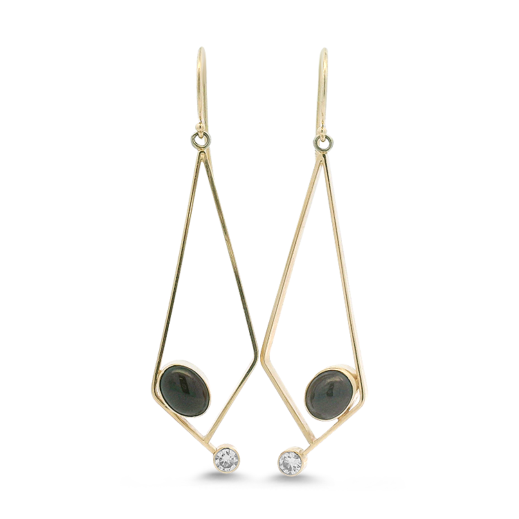 PAGE Estate Earrings Estate 14k Yellow Gold Garnet Cabochon & Diamond Geometric Dangle Earring