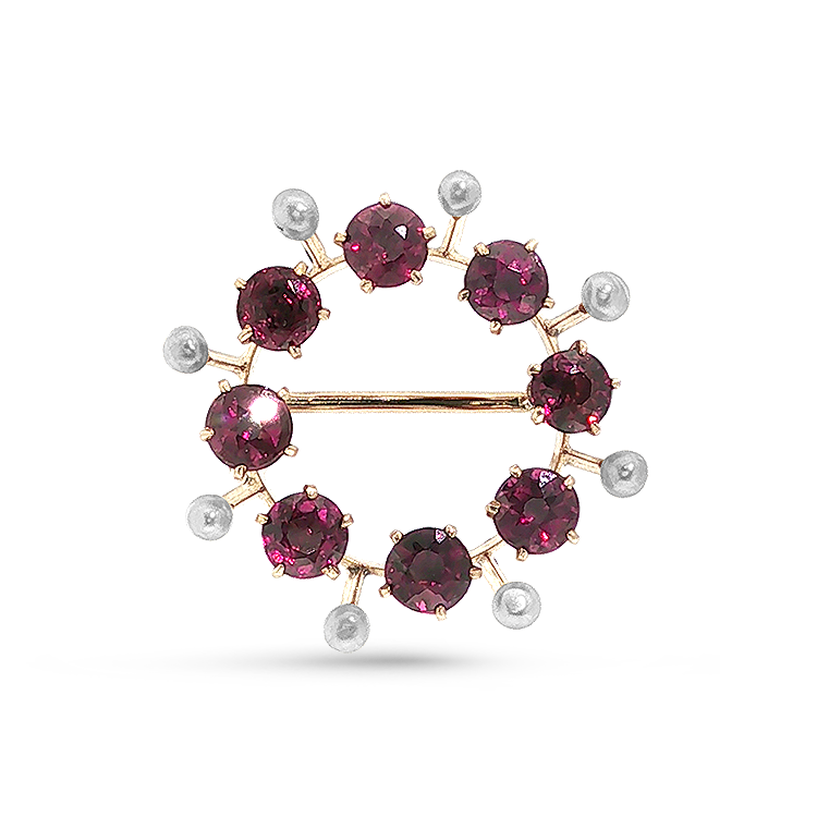 PAGE Estate Pins & Brooches Estate 14K Yellow Gold Garnet Pearl Halo Pin - 21mm
