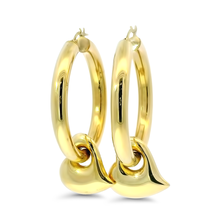 PAGE Estate Earrings Estate 14k Yellow Gold Hoop Earrings with Heart Dangles