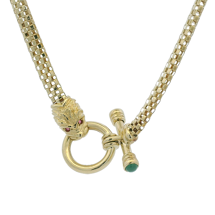PAGE Estate Necklaces and Pendants Estate 14k Yellow Gold Lion-Head Necklace with Ruby & Emerald Accents