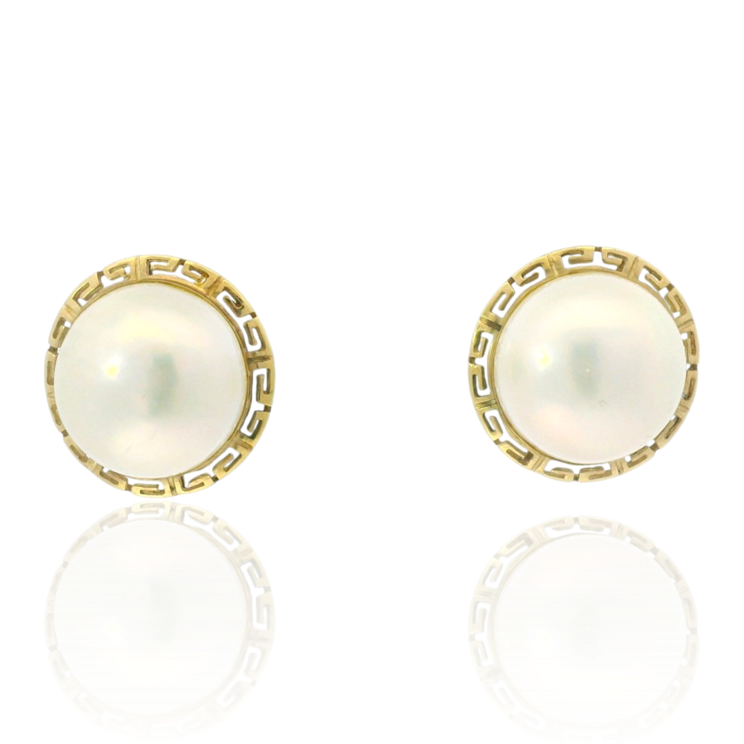 PAGE Estate Earrings Estate  14K Yellow Gold Mabe Pearl Earrings with Greek Key Halo