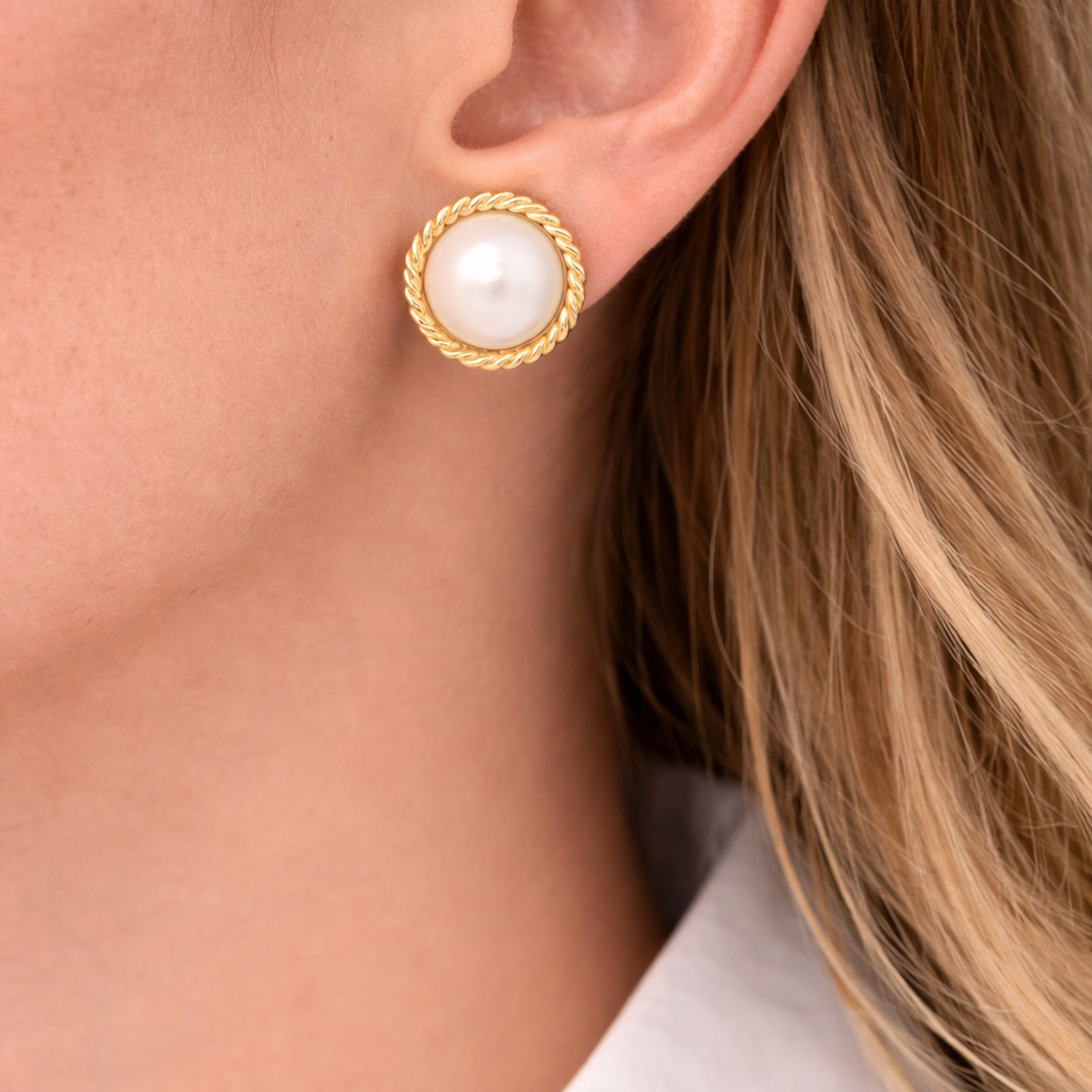 PAGE Estate Earrings Estate 14K Yellow Gold Mabe Pearl Rope-Detail Stud Earrings