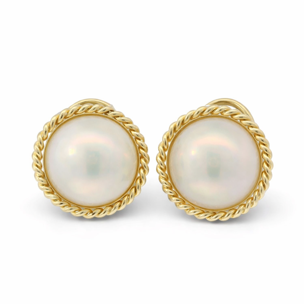 PAGE Estate Earrings Estate 14K Yellow Gold Mabe Pearl Rope-Detail Stud Earrings