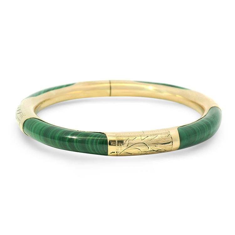 PAGE Estate Bracelet Estate 14K Yellow Gold Malachite Hinged Bangle Bracelet