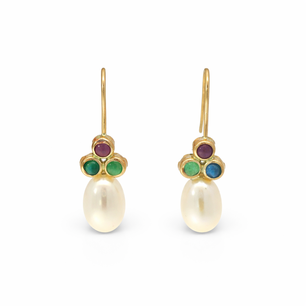 PAGE Estate Earrings Estate 14K Yellow Gold Multi-Stone Pearl Drop Earrings