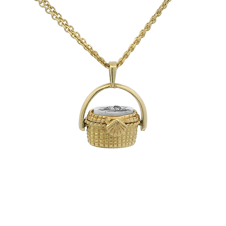 PAGE Estate Necklaces and Pendants Estate 14k Yellow Gold Nantucket Basket Pendant with Bone Scrimshaw Ship & Lighthouse