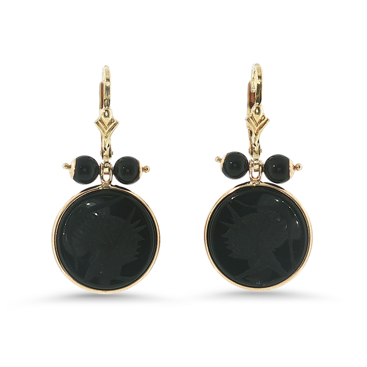 PAGE Estate Earrings Estate 14K Yellow Gold Onyx Intaglio Dangle Earrings