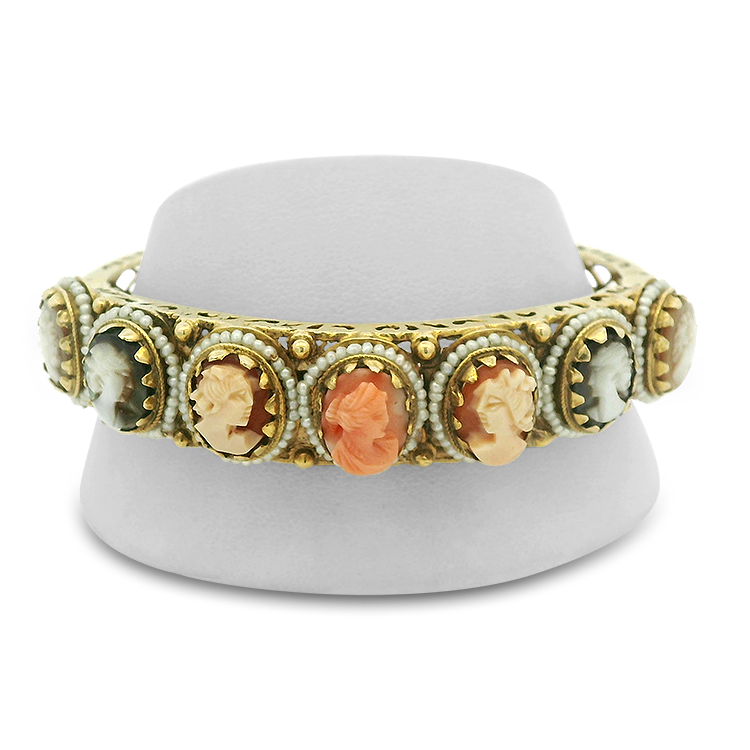 PAGE Estate Bracelet Estate 14k Yellow Gold Open-Worked Hinged Cameo Bangle Bracelet