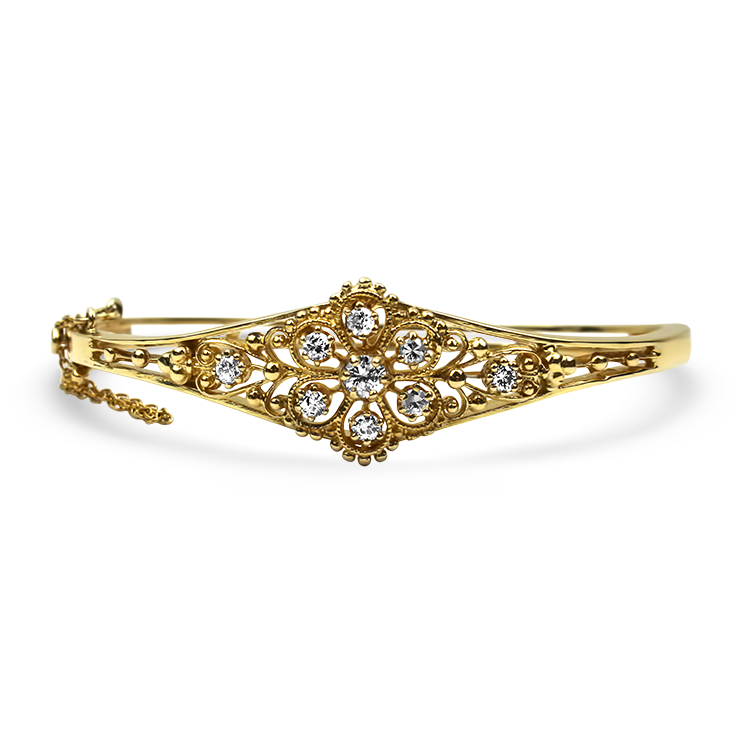 PAGE Estate Bracelet Estate 14K Yellow Gold Ornate Diamond Bangle Bracelet