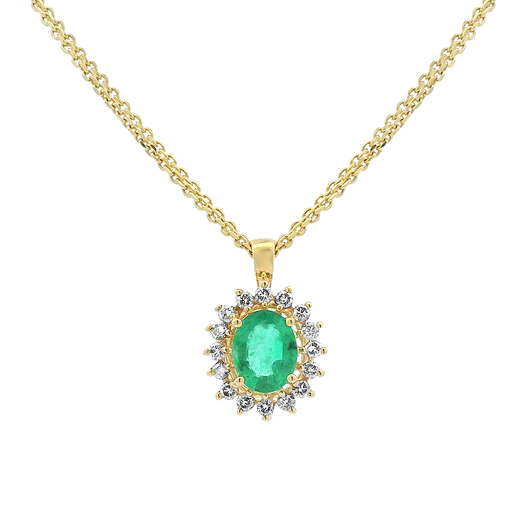 PAGE Estate Necklaces and Pendants Estate 14k Yellow Gold Oval 1.56cts Emerald Diamond Halo Pendant
