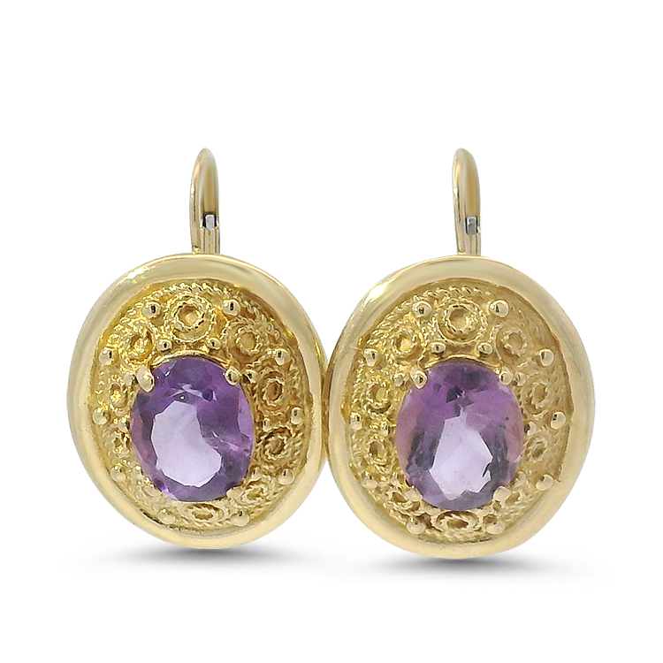 PAGE Estate Earring Estate 14k Yellow Gold Oval Amethyst Dangle Earrings