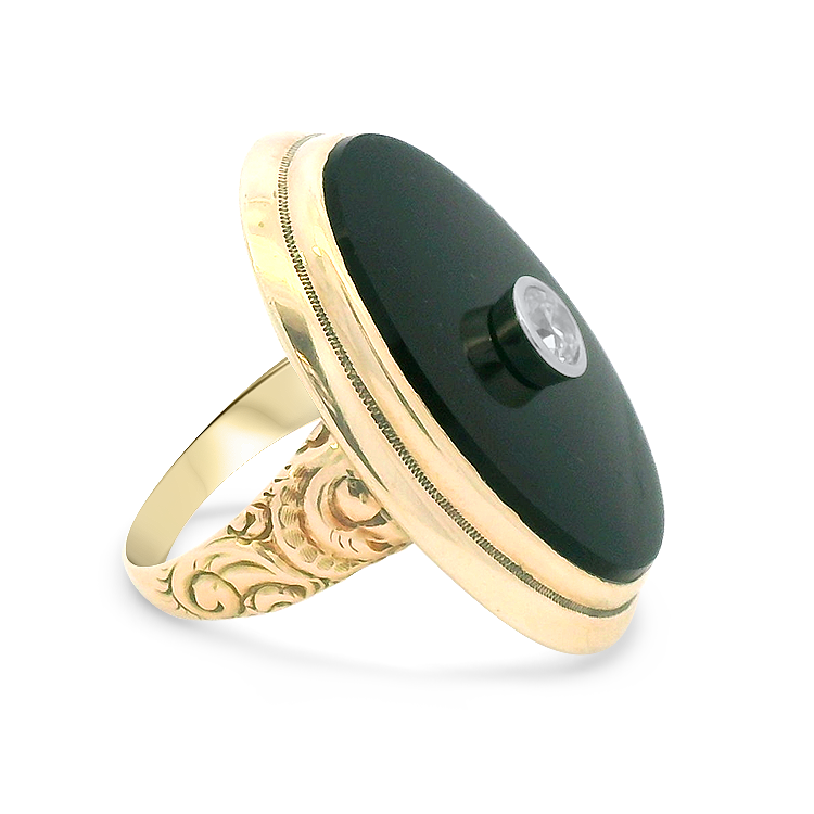PAGE Estate Ring Estate 14k Yellow Gold Oval Onyx & Old European Cut Diamond Ring 6.75