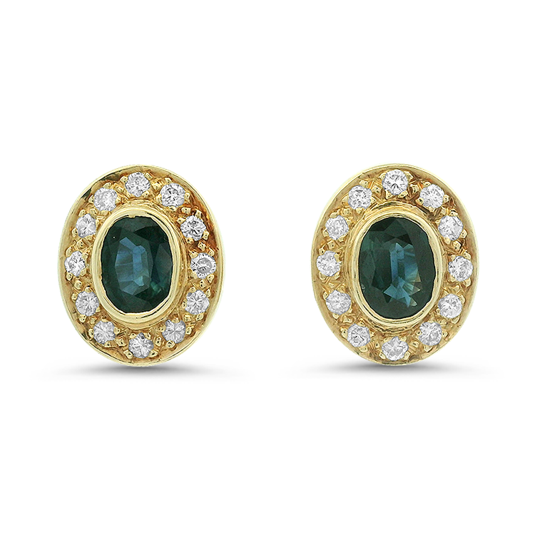 PAGE Estate Earrings Estate 14k Yellow Gold Oval Sapphire & Diamond Halo Stud Earrings