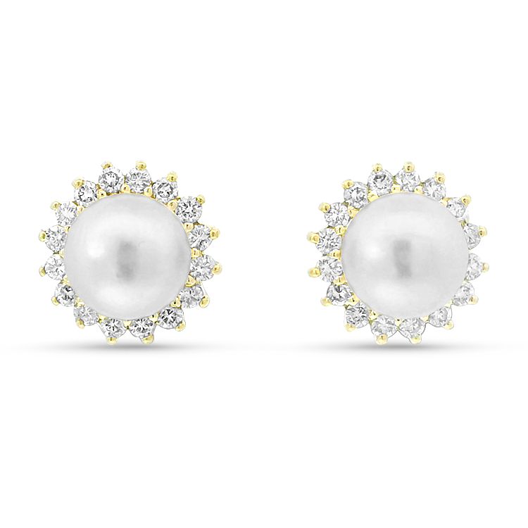 PAGE Estate Earrings Estate 14K Yellow Gold Pearl & Diamond Halo Earrings