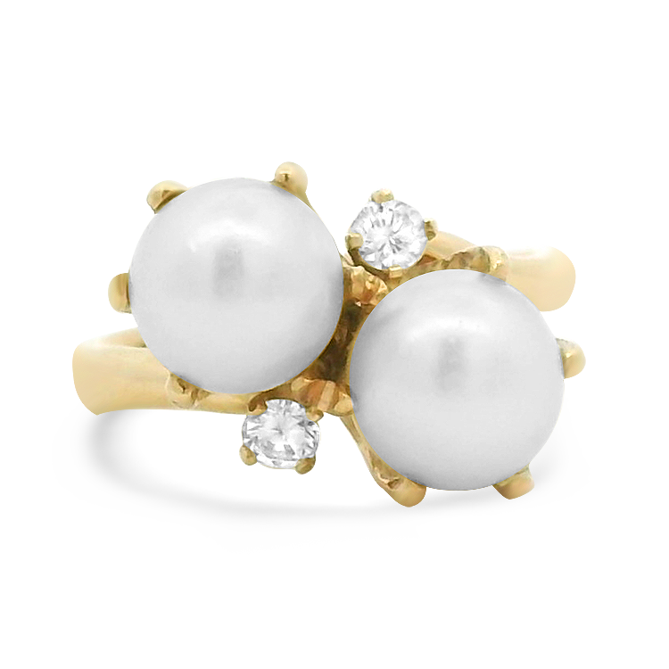 PAGE Estate Ring Estate 14k Yellow Gold Pearl & Diamond Toi et Moi Bypass Ring 5.5