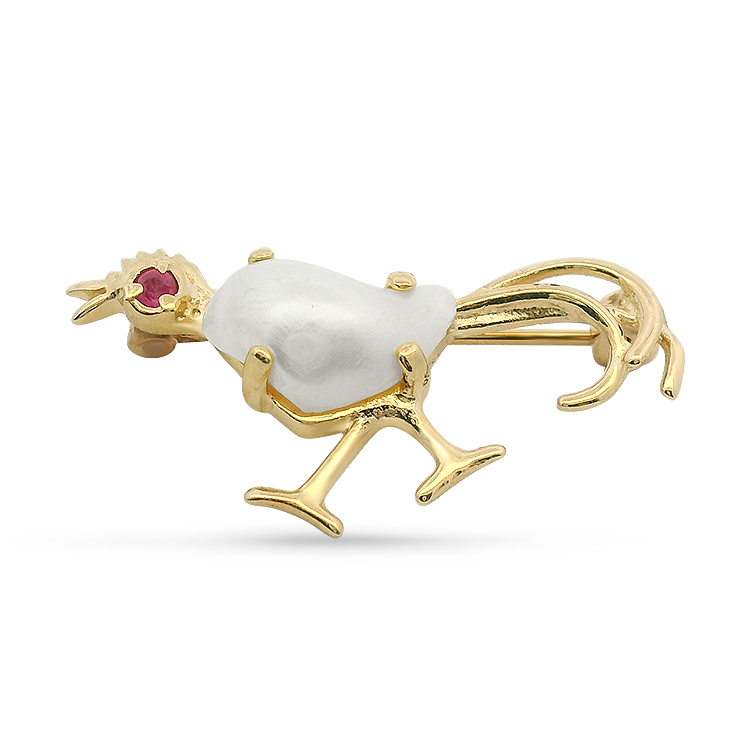 PAGE Estate Pins & Brooches Estate 14k Yellow Gold Pearl & Ruby Rooster Brooch