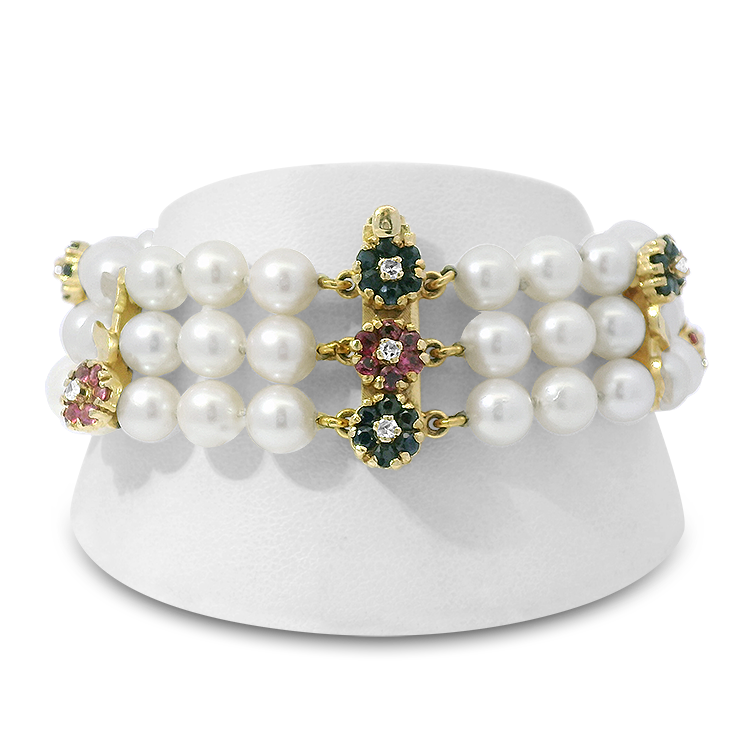 PAGE Estate Bracelet Estate 14K Yellow Gold Pearl, Ruby, Sapphire & Diamond Three-Strand Bracelet