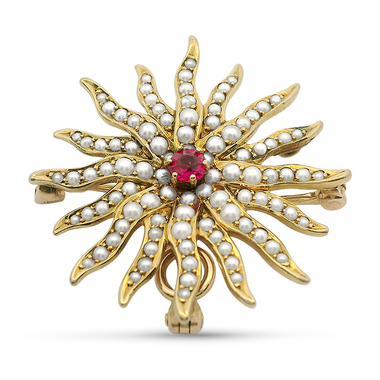 PAGE Estate Pins & Brooches Estate 14k Yellow Gold Pearl & Sapphire Sunburst Pendant/Brooch