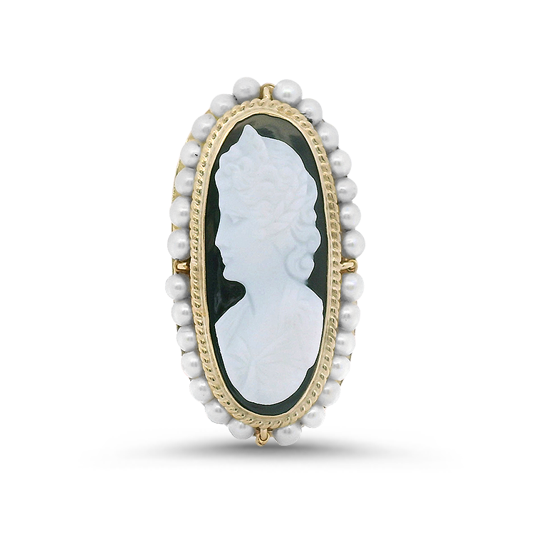 PAGE Estate Pins & Brooches Estate 14k Yellow Gold Pearl-Set Oval Cameo Brooch