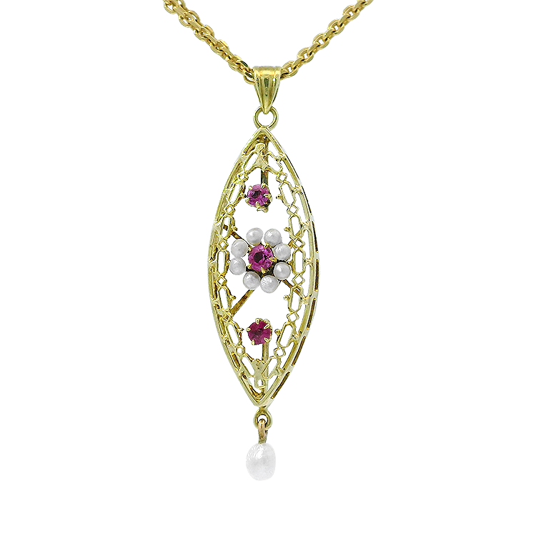 PAGE Estate Necklaces and Pendants Estate 14K Yellow Gold Pink Sapphire & Pearl Pendant