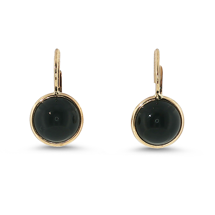PAGE Estate Earrings Estate 14K Yellow Gold Round Onyx Cabochon Drop Earrings