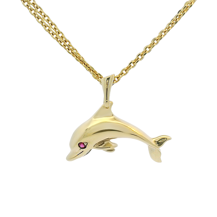 PAGE Estate Charm Estate 14K Yellow Gold Ruby Eye Dolphin Pendant