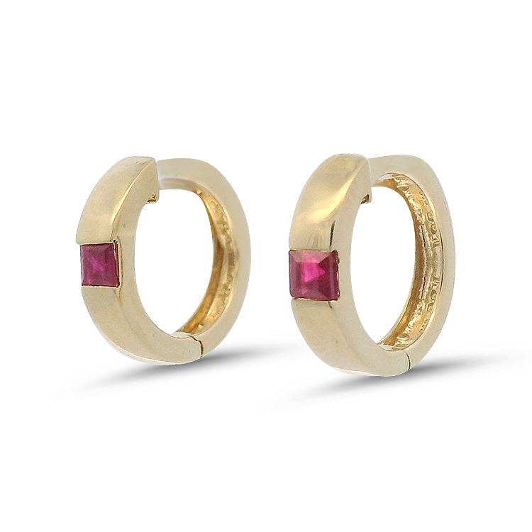 PAGE Estate Earrings Estate 14k Yellow Gold Ruby Huggie Hoop Earrings