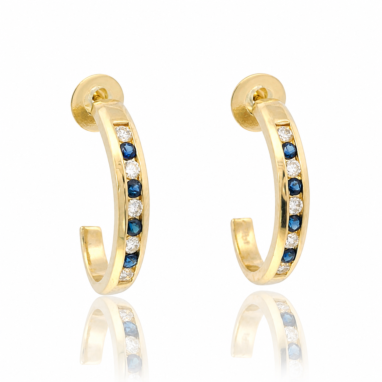 PAGE Estate Earrings Estate 14K Yellow Gold Sapphire & Diamond J-Hoop Earrings