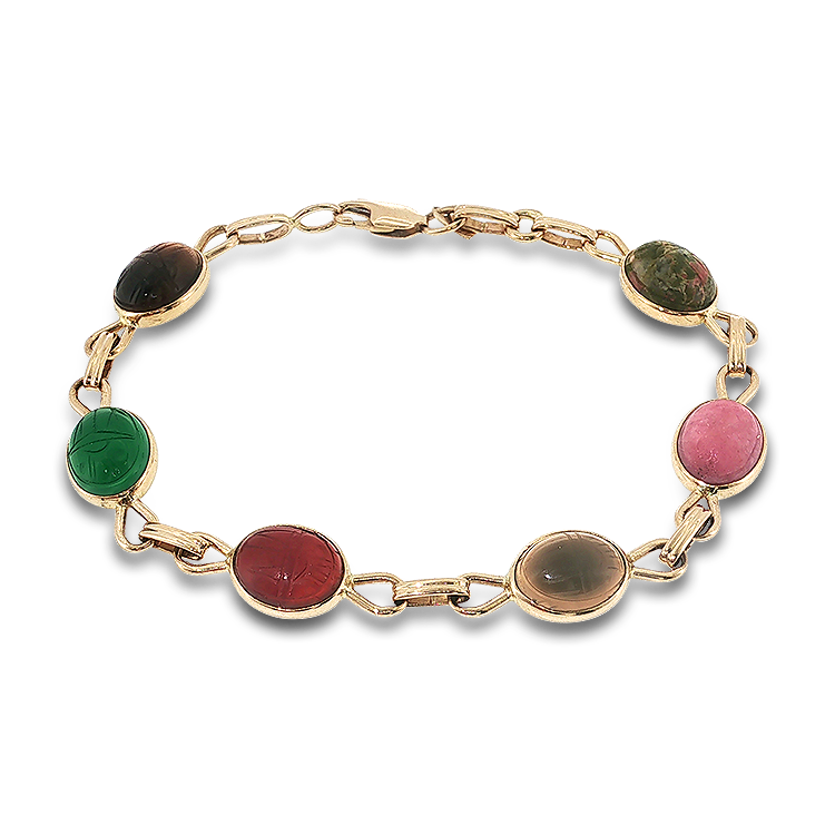 PAGE Estate Bracelet Estate 14K Yellow Gold Scarab Multi-Gemstone Bracelet - 7.5"