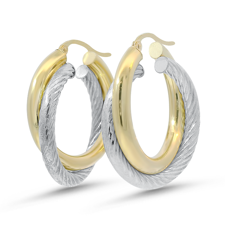 PAGE Estate Earrings Estate 14K Yellow Gold & Sterling Silver Two-Tone Double Hoop Earrings
