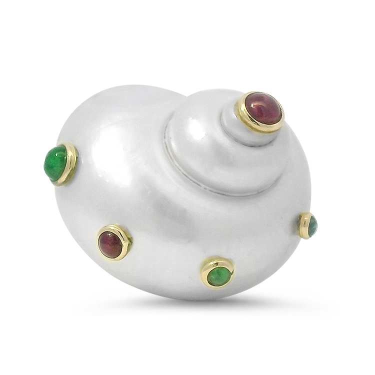 PAGE Estate Ring Estate 14K Yellow Gold Turbo Shell & Cabochon Gemstone Ring 7.5