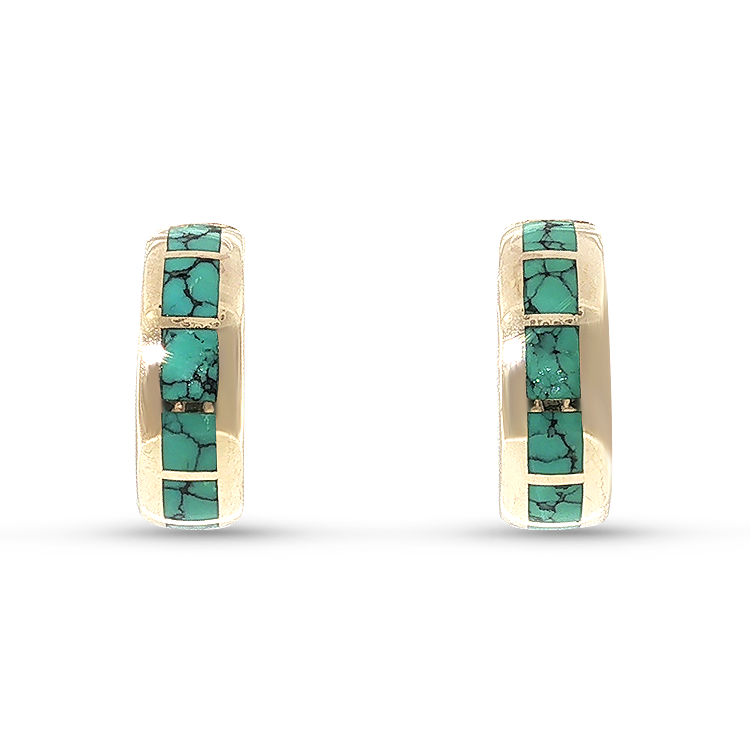 PAGE Estate Earrings Estate 14K Yellow Gold Turquoise Inlay Hoop Earrings