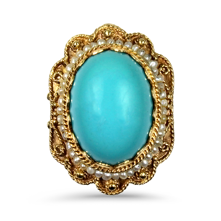 PAGE Estate Ring Estate 14K Yellow Gold Turquoise & Pearl Cocktail Ring 5