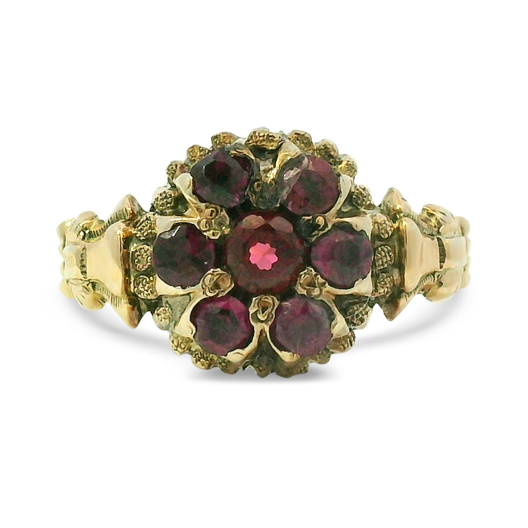 PAGE Estate Ring Estate 14K Yellow Gold Victorian-Style Rhodolite Garnet Cluster Ring 4.75