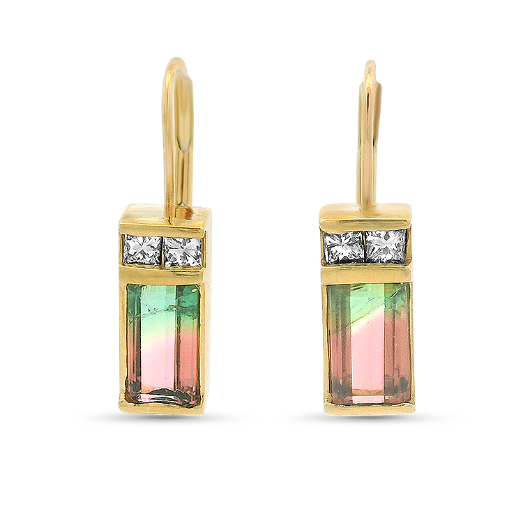PAGE Estate Earrings Estate 14k Yellow Gold Watermelon Tourmaline Drop Earrings with Diamonds