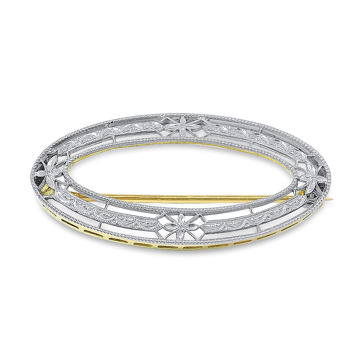 PAGE Estate Pins & Brooches Estate 14K Yellow & White Gold Filigree Oval Pin