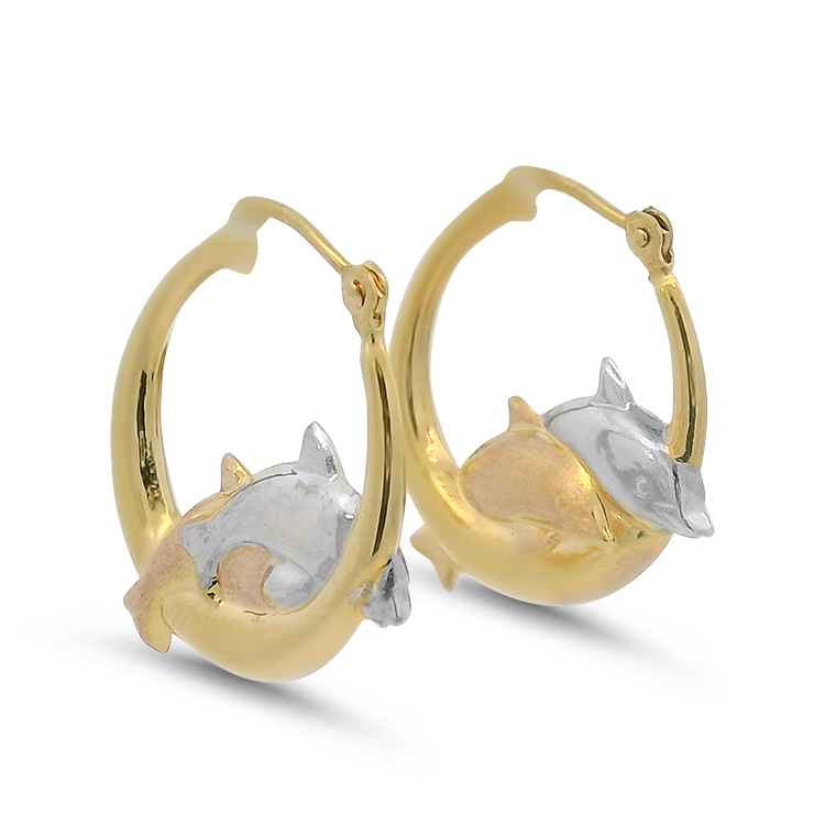 PAGE Estate Earrings Estate 14k Yellow, White & Rose Gold Dolphin Hoop Earrings