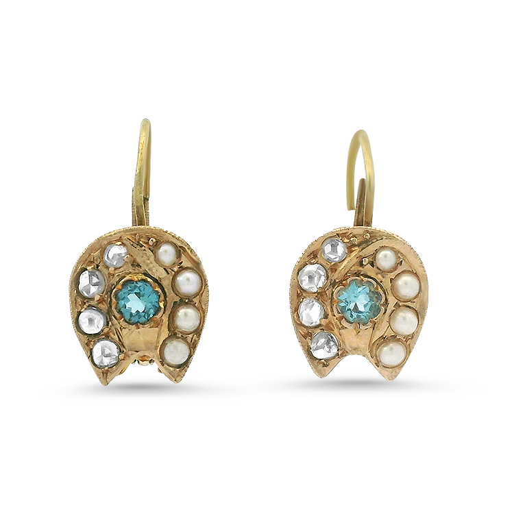 PAGE Estate Earring Estate 15k Yellow Gold Blue Topaz and Diamond Drop Earrings