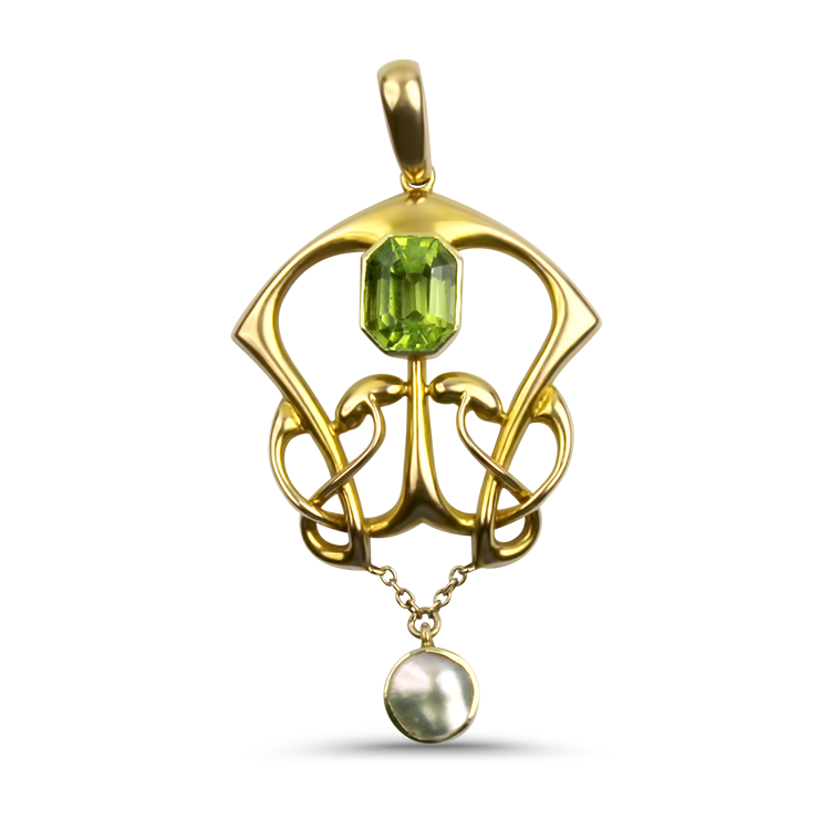 PAGE Estate Necklaces and Pendants Estate 15K Yellow Gold Peridot & Mother-of-Pearl Pendant