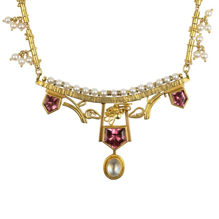 PAGE Estate Necklaces and Pendants Estate 18K and 22K Yellow Gold Pink Tourmaline, Moonstone, and Pearl Necklace