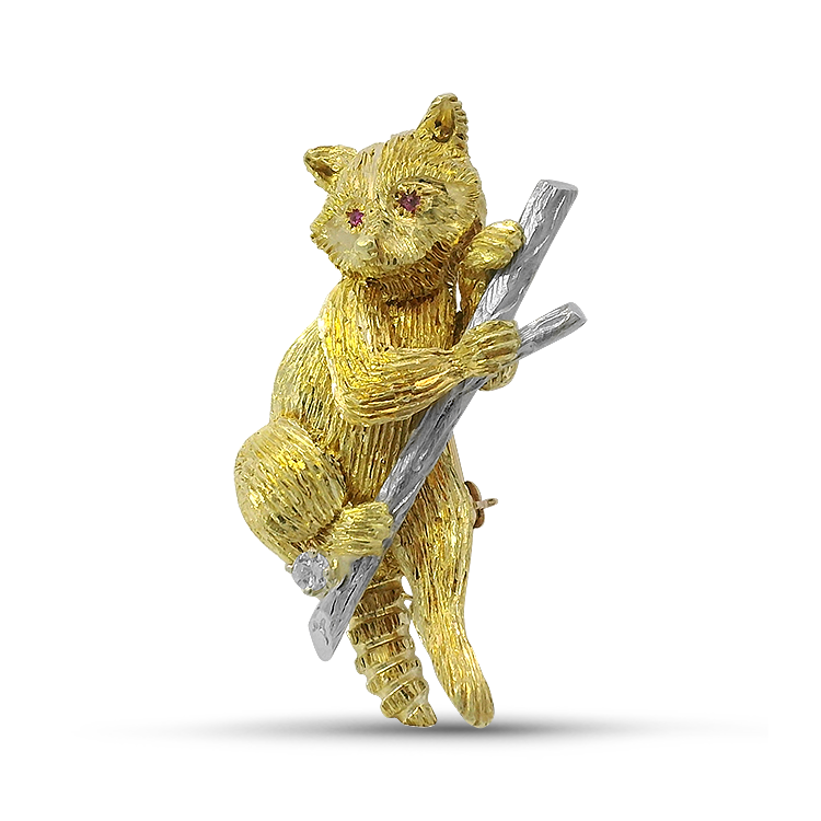 PAGE Estate Necklaces and Pendants Estate 18k Two-Tone Gold Raccoon Pendant with Ruby & Diamond Accents
