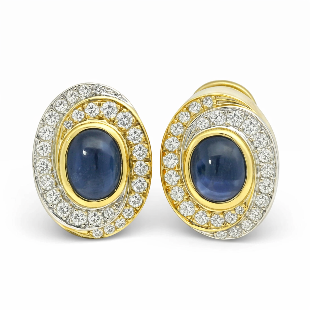 PAGE Estate Earrings Estate 18K Two-Tone Gold Sapphire & Diamond Omega-Back Earrings