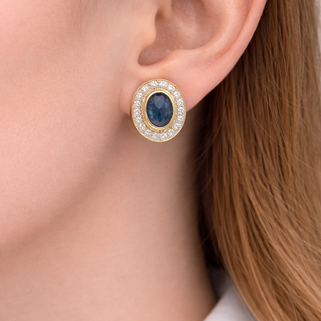 PAGE Estate Earrings Estate 18K Two-Tone Gold Sapphire & Diamond Omega-Back Earrings