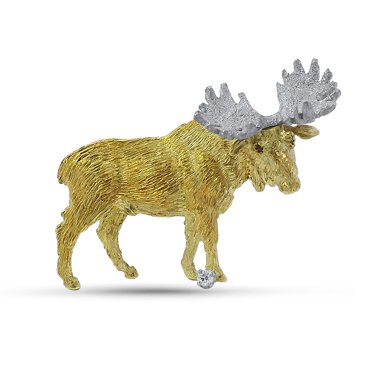 PAGE Estate Necklaces and Pendants Estate 18k Two-Tone Gold Textured Moose Pendant with Ruby & Diamond Accents