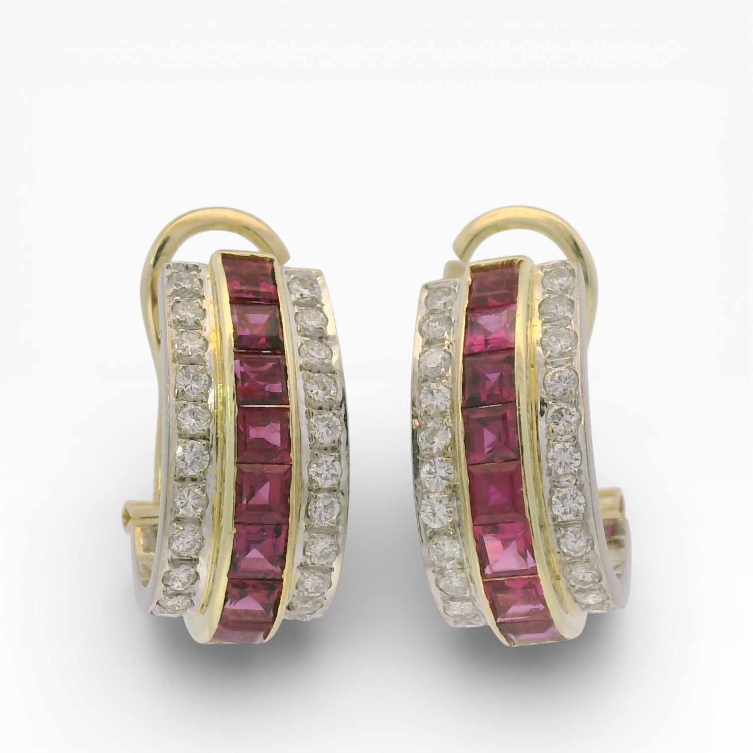 PAGE Estate Earrings Estate 18K Two-Tone Ruby & Diamond J-Hoop Earrings